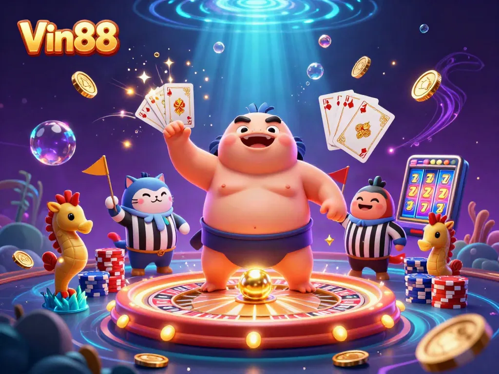 Spin and win at Vin88 with engaging animated casino characters and vibrant elements showcasing thrilling gameplay.