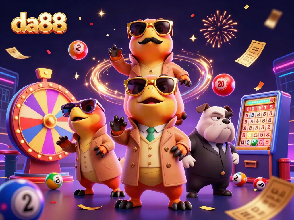 Engage with da88's thrilling casino experience featuring cartoon raptors and vibrant lottery elements.