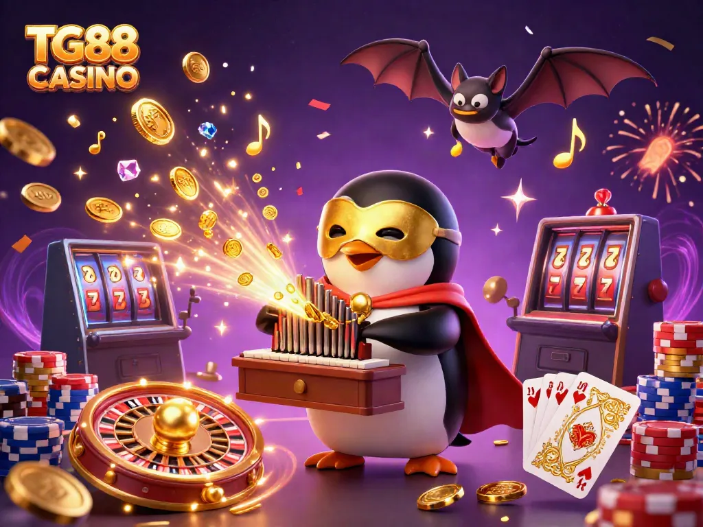 TG88 CASINO brings a lively scene with a penguin organist and floating gold coins, showcasing excitement in gambling.