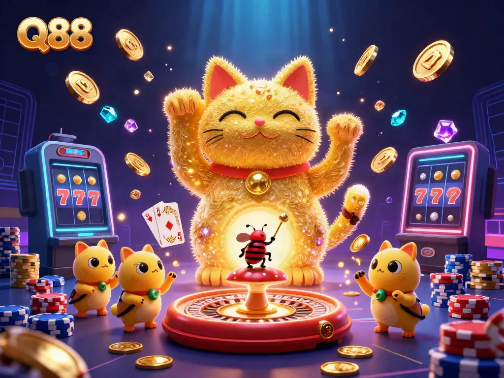 Engage with Q88's vibrant casino world, featuring a lucky cat and dazzling game symbols.