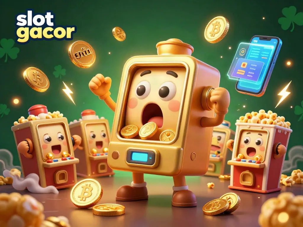 Experience thrilling slot gacor action with a golden slot machine hitting a jackpot, showering coins in this vibrant illustration.