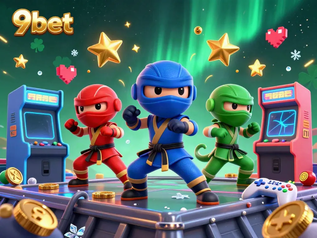 Experience exciting gaming action with 9bet's vibrant 3D ninja chameleon characters skillfully combining casino and gaming elements.