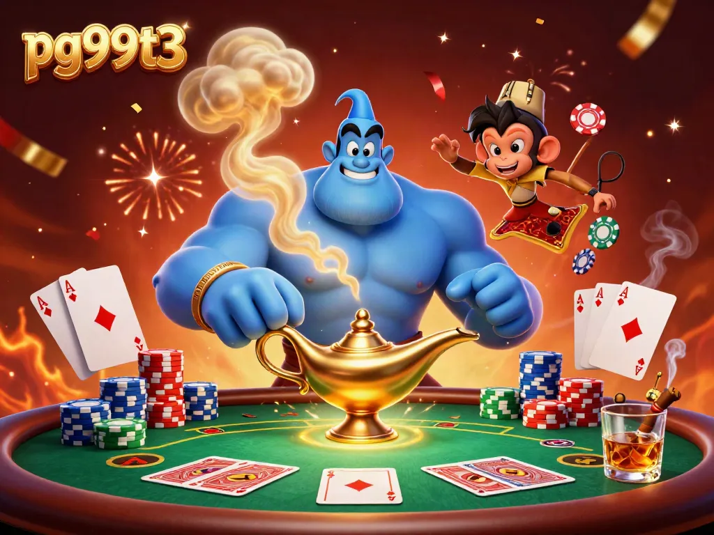 Experience the magic at pg99t3 with a genie and poker chips in a vibrant casino scene.