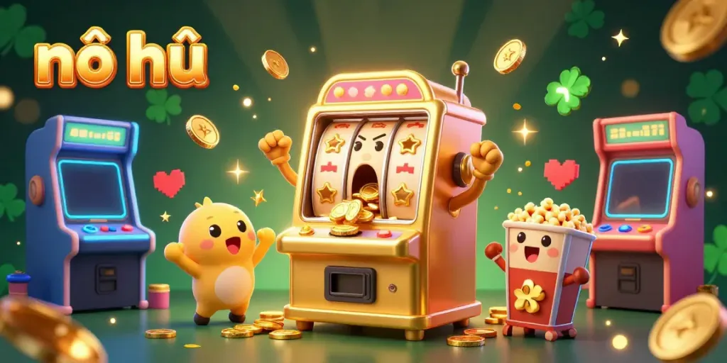 Experience the excitement of nổ hũ with a lively scene of a golden slot machine celebrating a jackpot, surrounded by cheering characters.