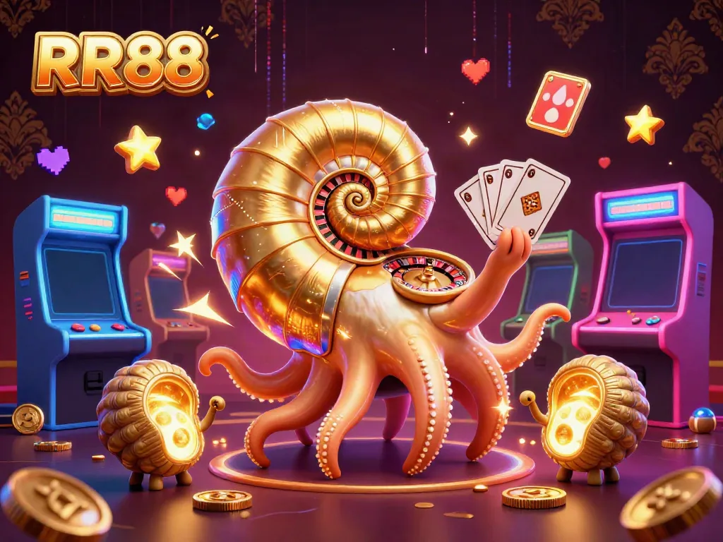 Engage in thrilling gameplay at RR88, featuring an ancient nautilus roulette wheel and vibrant arcade elements.