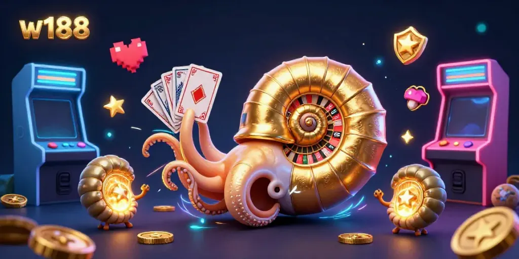 Engage with exciting casino action at w188 featuring a giant nautilus as a roulette wheel, vibrant game elements lighting up the scene.