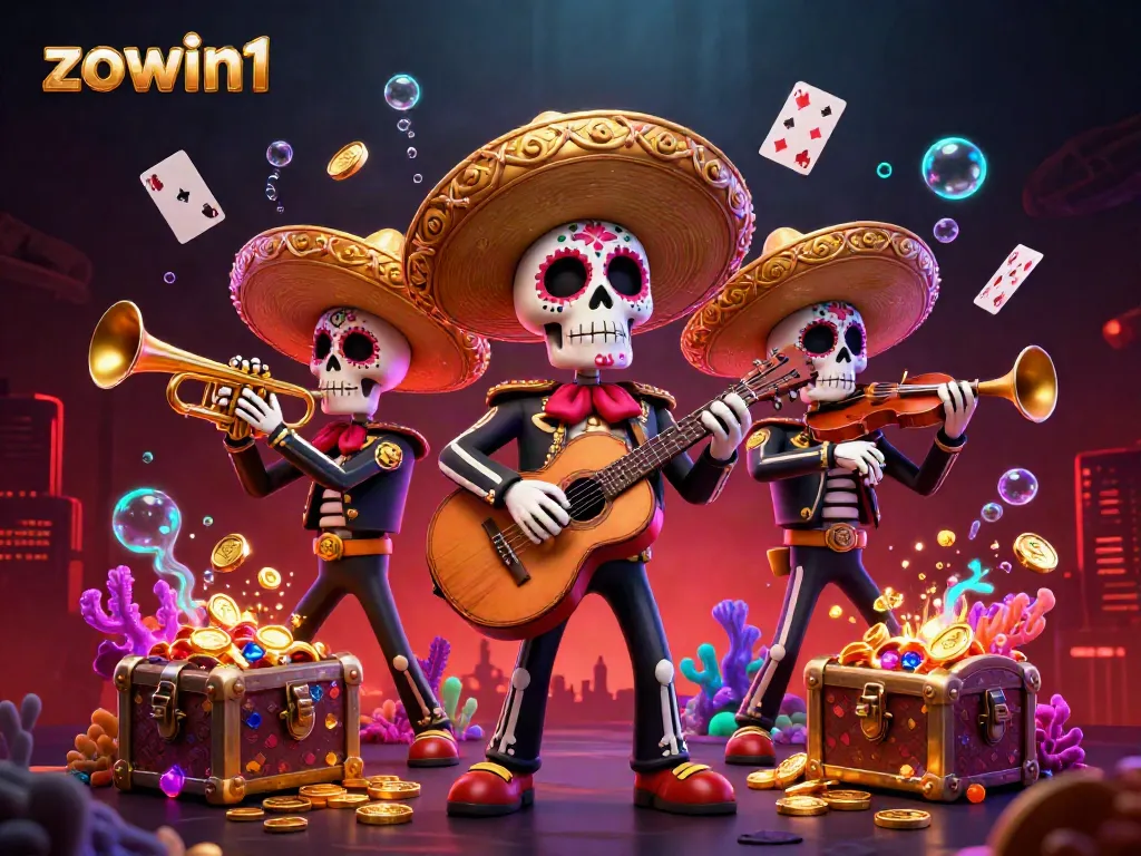 Experience a vibrant scene of the Zowin1 casino with a skeleton mariachi band playing among treasures and glowing elements.