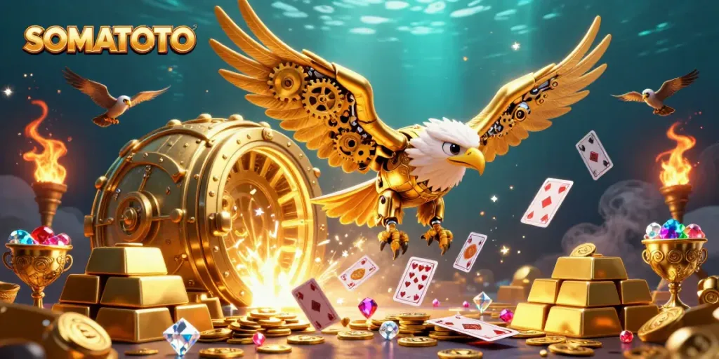 SOMATOTO captures dynamic casino action with a cybernetic eagle and treasure vault illustration.