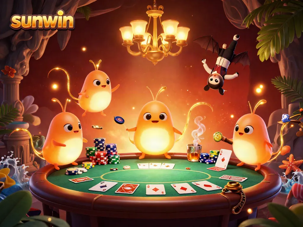 Experience sunwin's vibrant cave casino, with glowworms as lively chandeliers and a bat dealer.