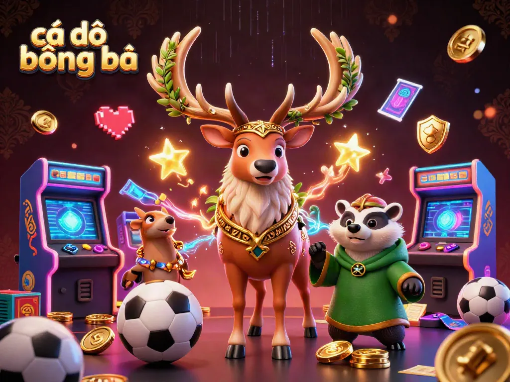 Cá độ bóng đá illustrated with a 3D druid stag and badger among sports betting elements.