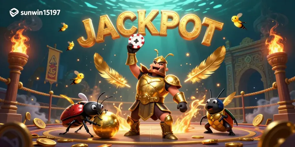 Engaging sunwin15197 online casino scene depicting hero beetle celebrating a jackpot win.
