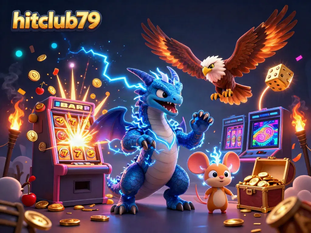 Experience thrilling jackpots with hitclub79's vibrant 3D casino scene featuring dragons and lavish symbols.