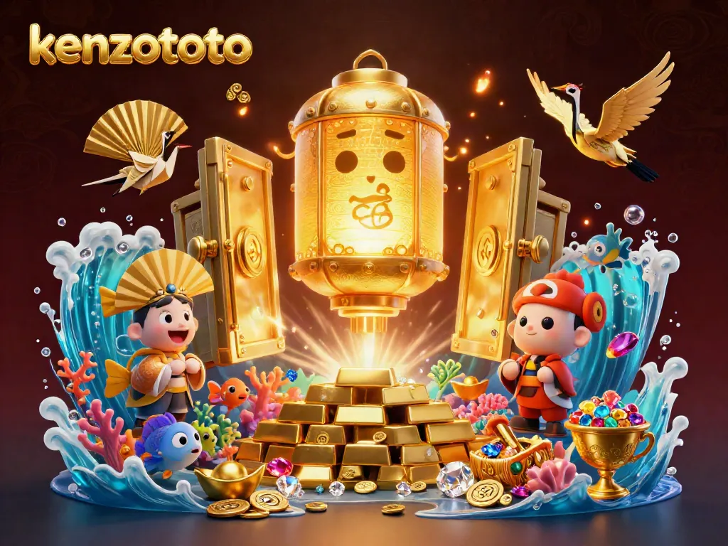 Engage with the vibrant kenzototo fish shooting game scene featuring golden lantern spirit and treasures illuminating the ocean floor.