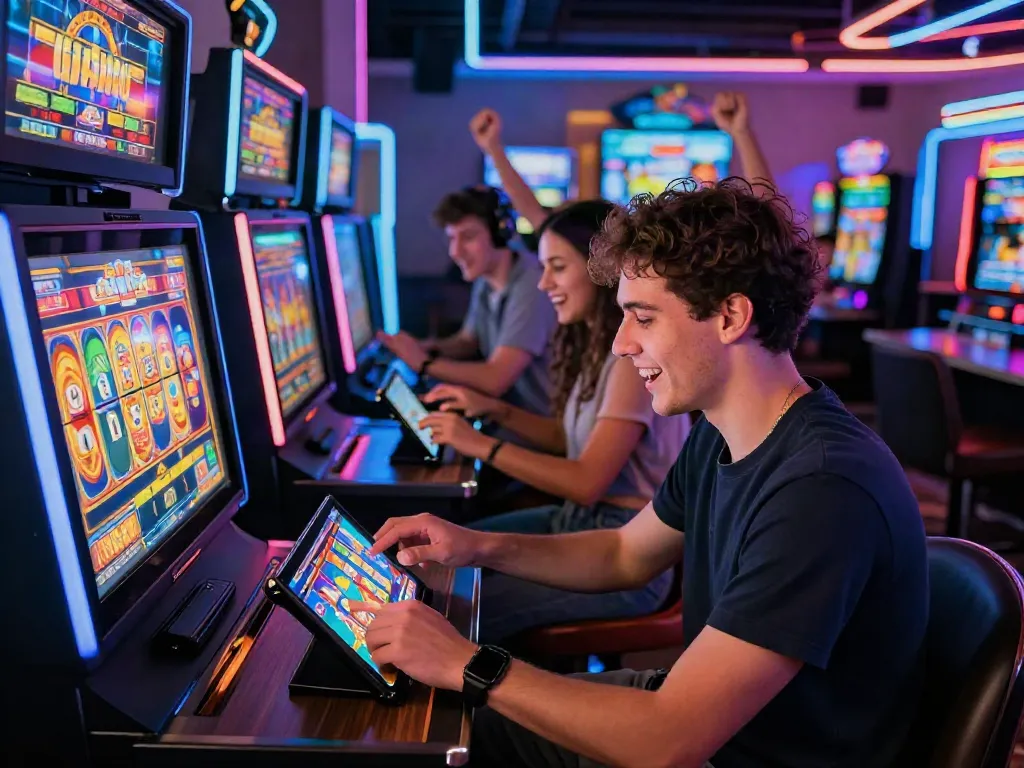Engaging scene of players enjoying link slot gacor games in a vibrant online casino atmosphere.