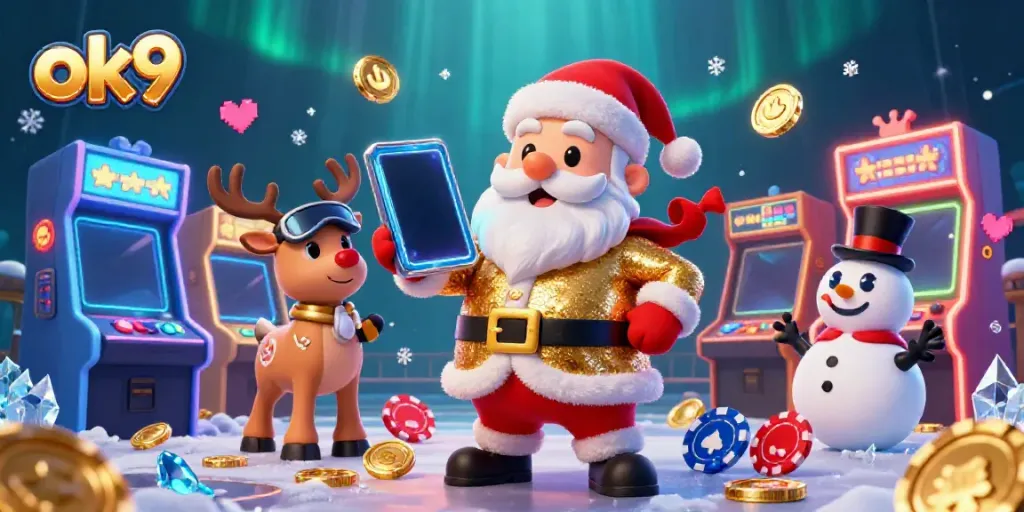 Spin and win with ok9 in this vibrant casino-themed holiday celebration illustration.