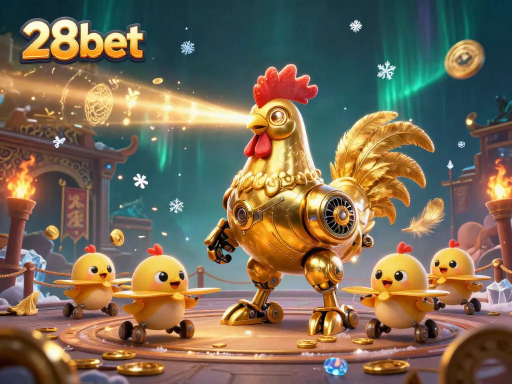 Experience the excitement of 28bet with a futuristic golden rooster robot and engaging gaming elements.