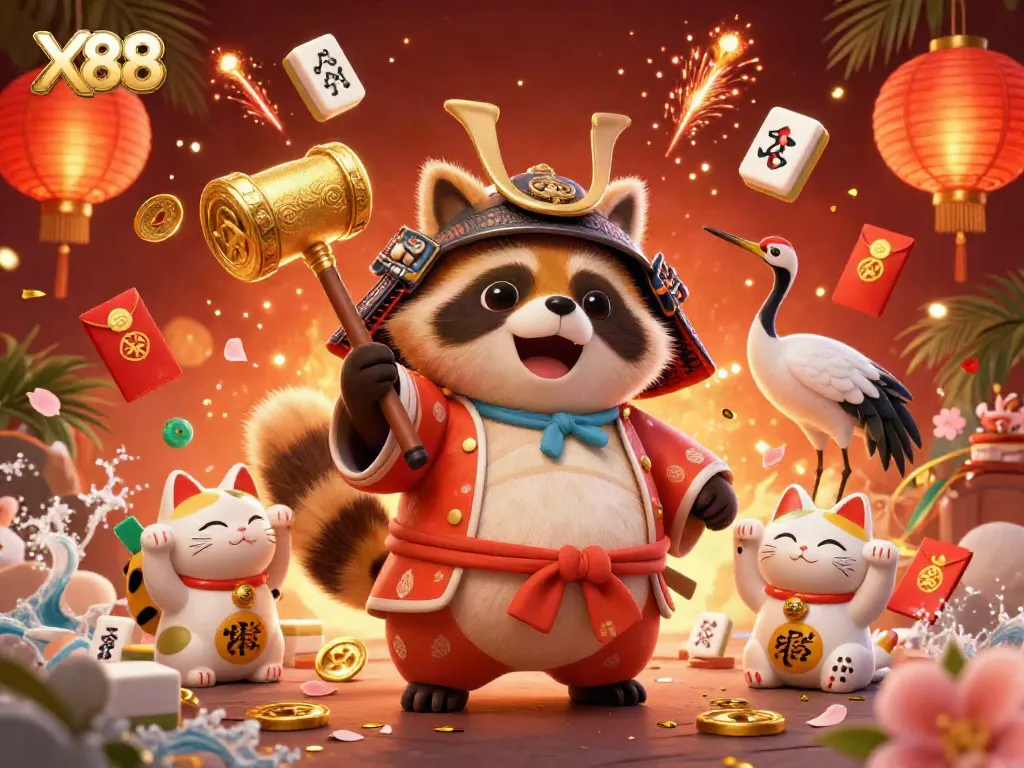 X88 players celebrate fortune with colorful symbols and characters, set in a vibrant casino world.