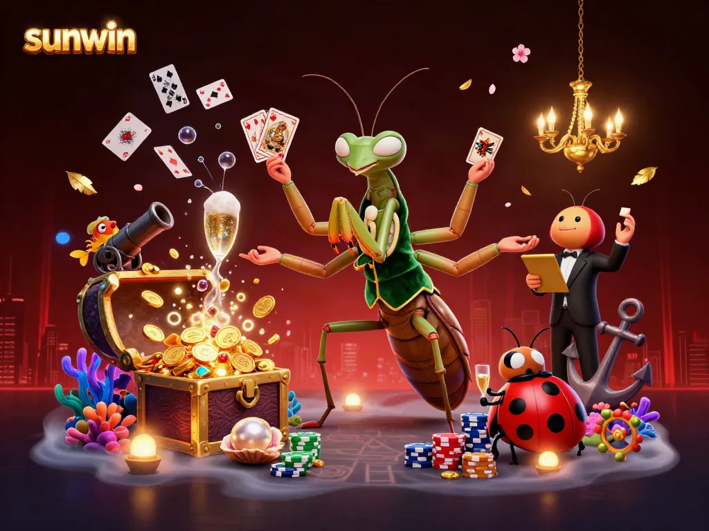 Dynamic gaming scene with sunwin elements including a card sharp, pit boss, and treasure features.