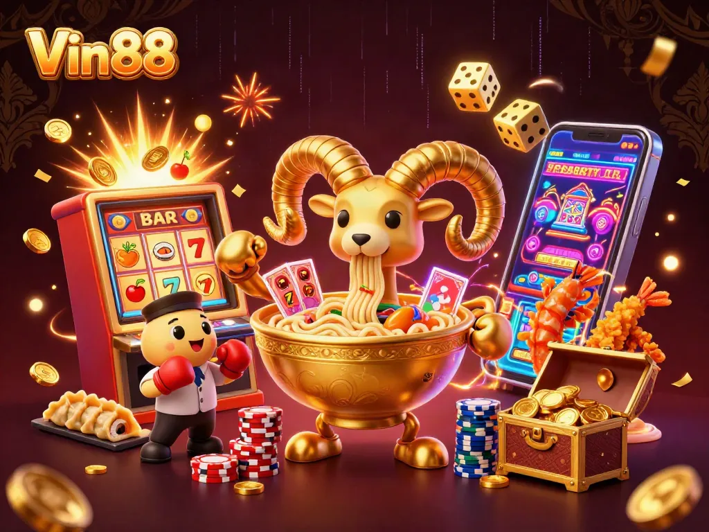 Win big with Vin88 as a giant ramen bowl dealer stacks chips in a vibrant casino scene.
