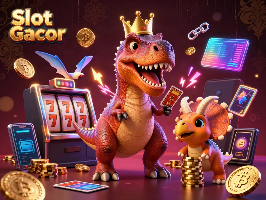 Experience Slot Gacor with vibrant 3D characters engaging in casino games amidst floating crypto elements.