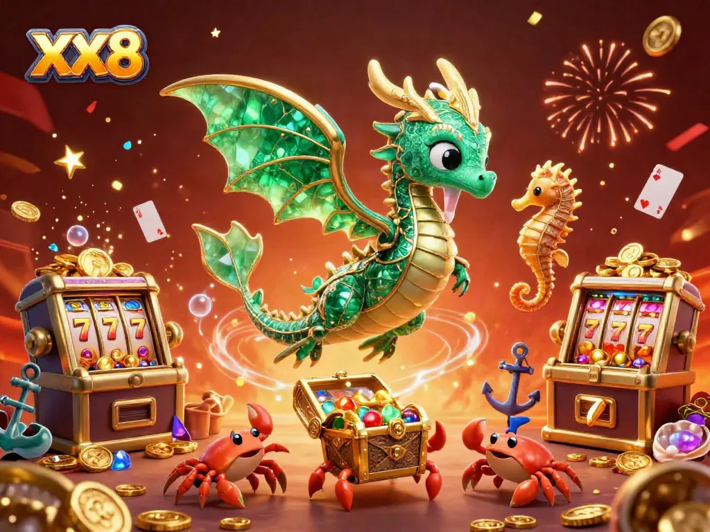 Engage in thrilling gambling adventures with XX8 featuring an emerald dragon and treasures amidst casino excitement.