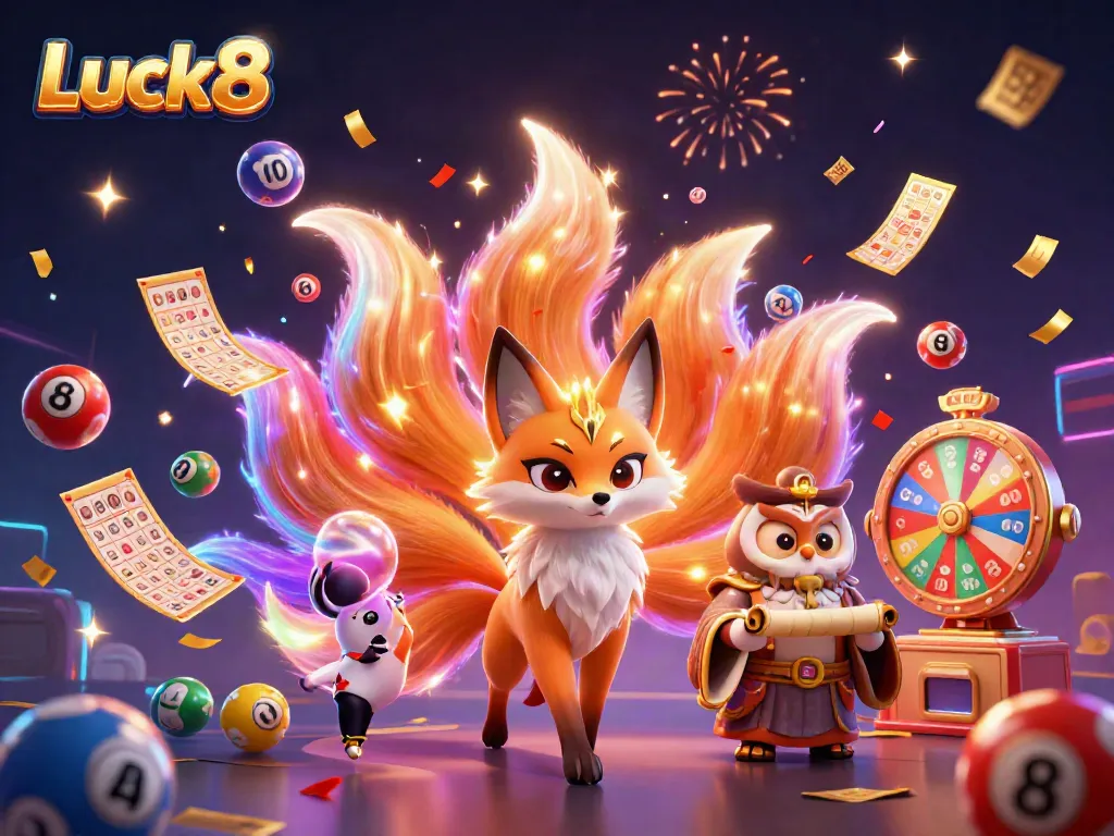 Luck8 brings excitement to life with a vibrant illustration showcasing a nine-tailed fox spirit and an owl sage in a dynamic gambling scene.