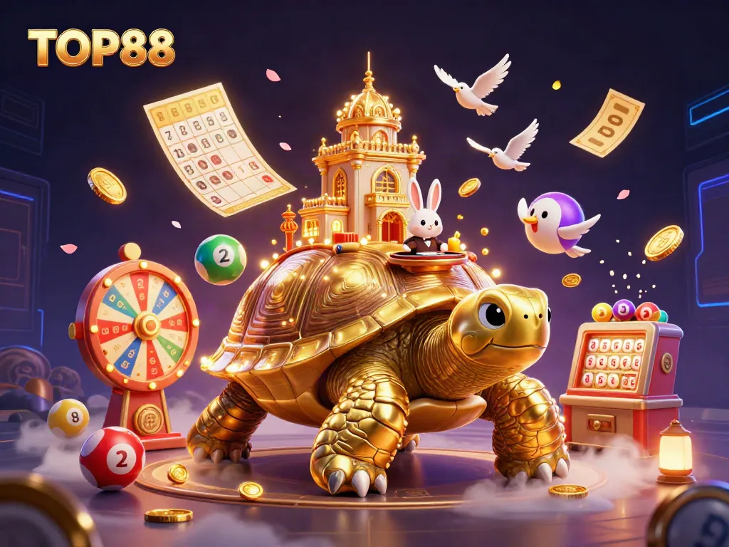 Engage with TOP88, a vibrant 3D illustration of a casino-themed world with dynamic game elements.