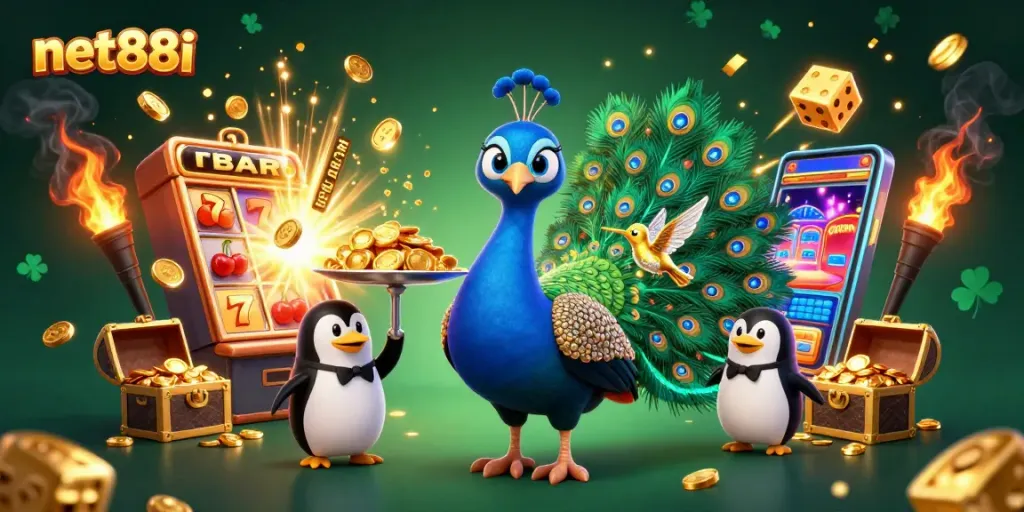 Engage with net88i's exciting slots scene featuring a glamorous peacock and golden treasures.