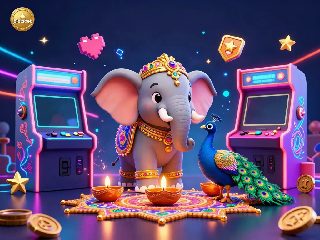 Experience biolabet's vibrant 3D casino atmosphere with a colorful elephant and peacock amidst gaming elements.