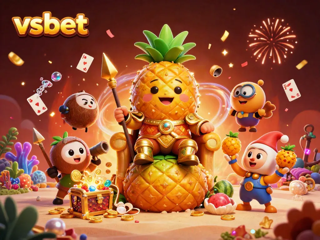 Experience the vibrant world of vsbet with a golden pineapple king and energetic casino elements.