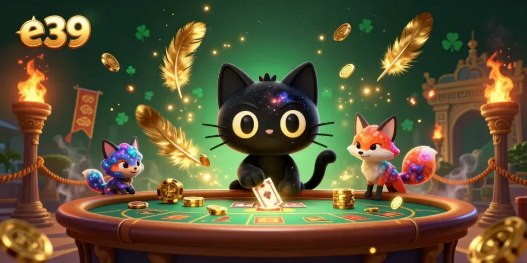 Experience the excitement of e39 in this bustling casino scene with whimsical characters and vibrant gaming elements.