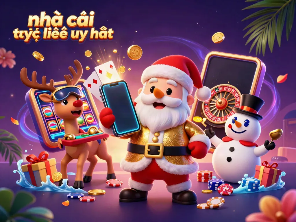 Experience excitement with nhà cái trực tuyến uy tín in this vibrant casino scene featuring festive characters and games.