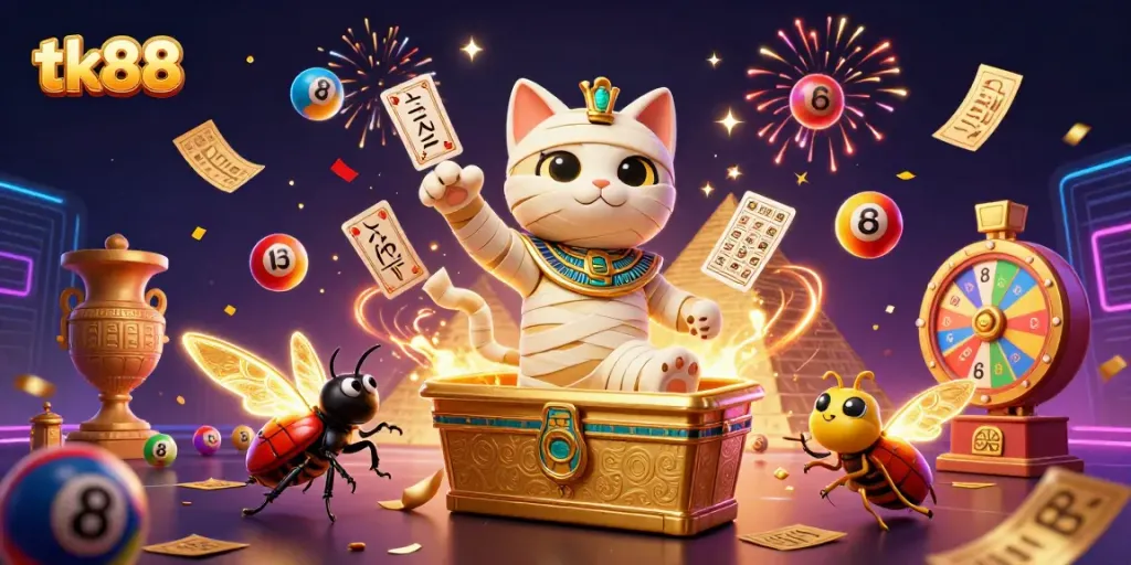 Engage in the tk88 gaming adventure with vibrant characters and lively casino elements.