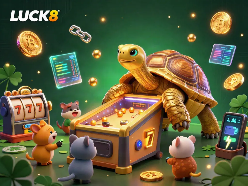 Experience LUCK8 with a dynamic 3D scene featuring a golden tortoise pinball machine amid vibrant slot game elements.