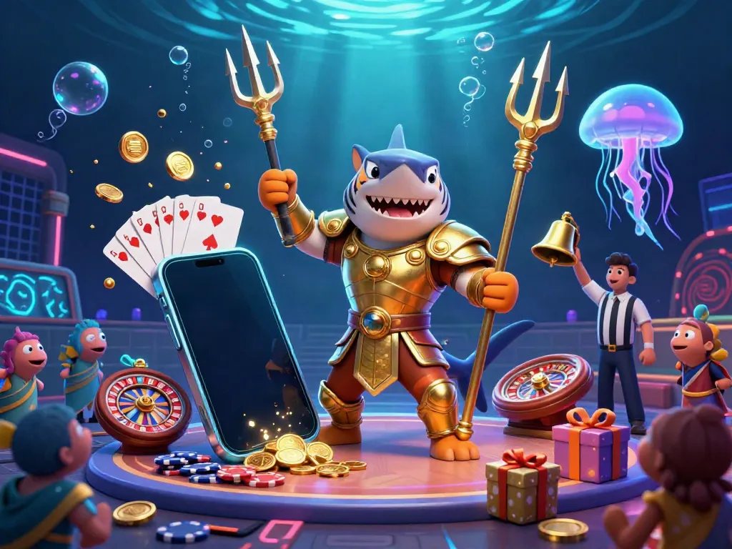 Engage with sunwin's vibrant underwater casino scene featuring a tiger shark and dynamic gaming elements.