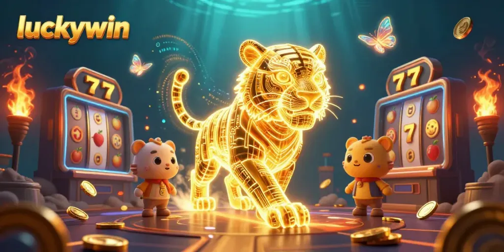 Experience thrilling action at Luckywin with a neon tiger in a dazzling casino.