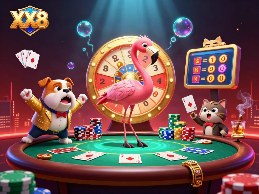 Excited bulldog cheers as flamingo spins the prize wheel at XX8's vibrant casino scene