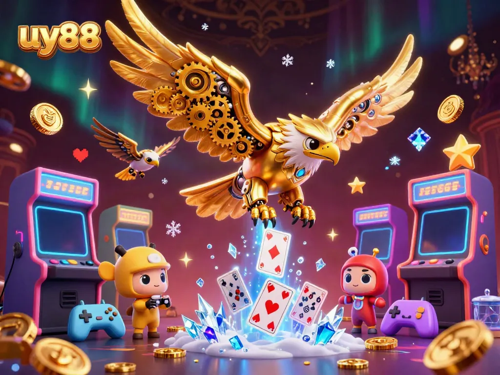 Experience thrilling gameplay with uy88, featuring a cybernetic eagle diving through holographic cards.
