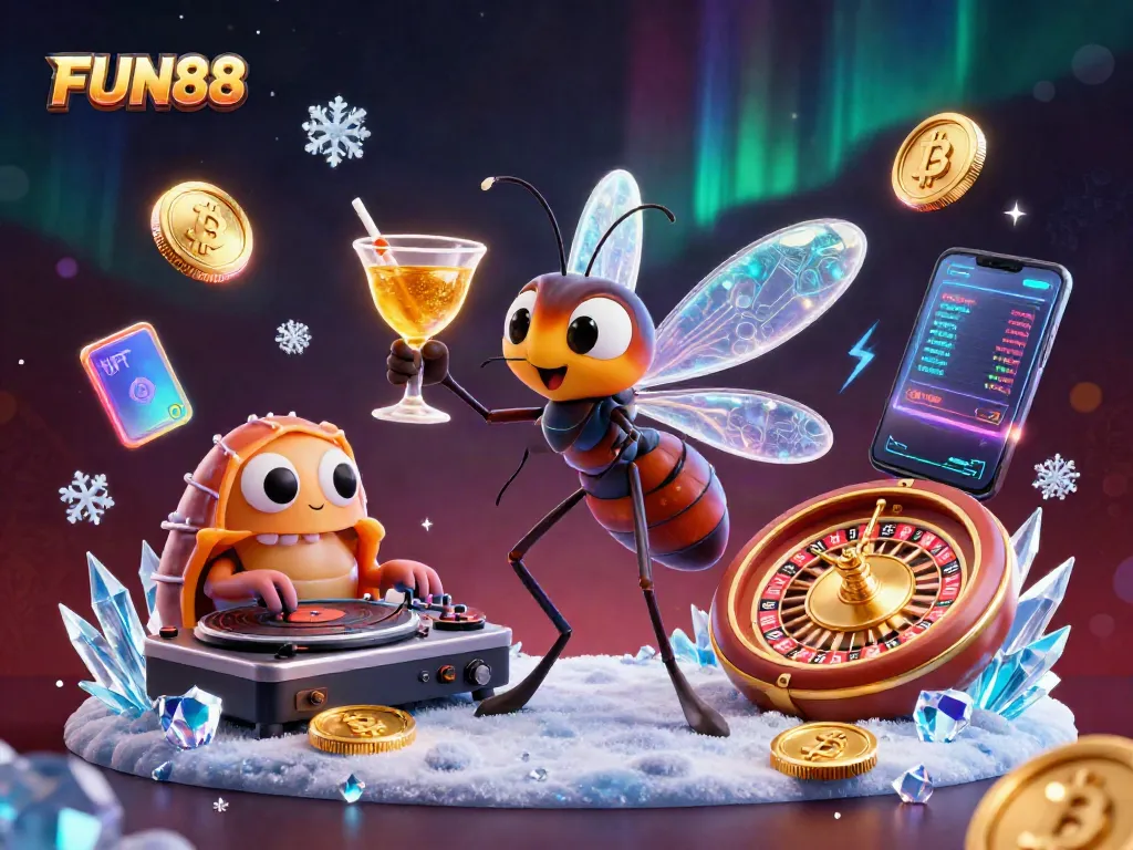 Engage in the fun-filled excitement of FUN88 with dynamic cryptocurrency-themed casino illustration.
