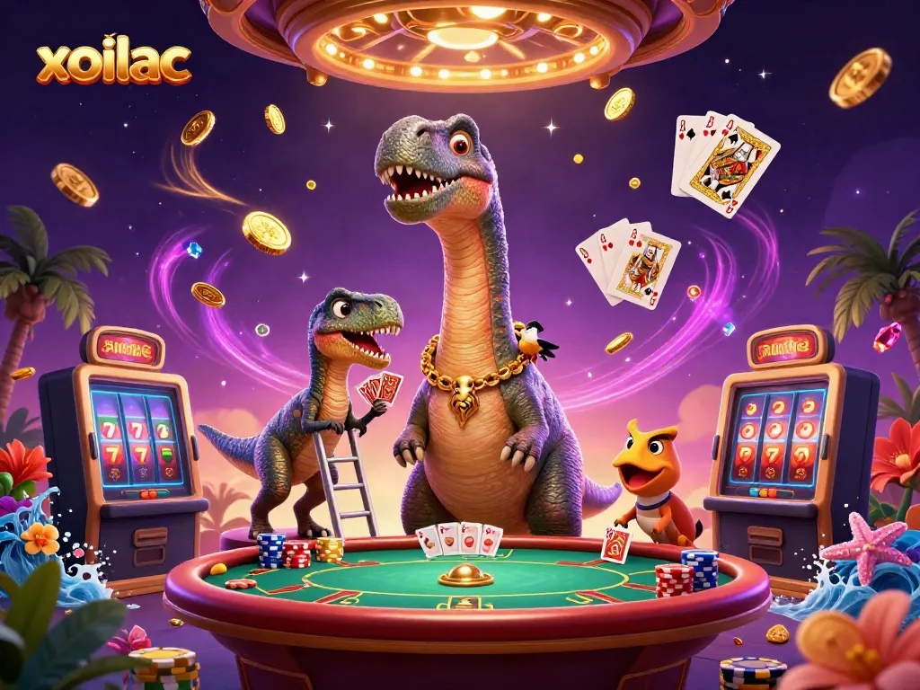Experience thrilling poker excitement with the playful xoilac brontosaurus and raptor in a vibrant casino setting.
