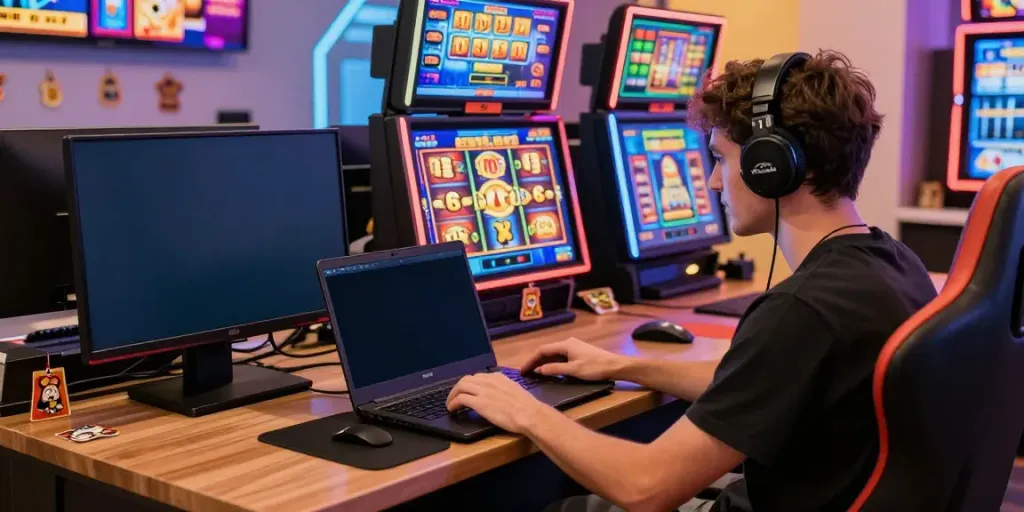 Engaging gaming setup featuring a user playing situs gacor slot games on laptop and smartphone.