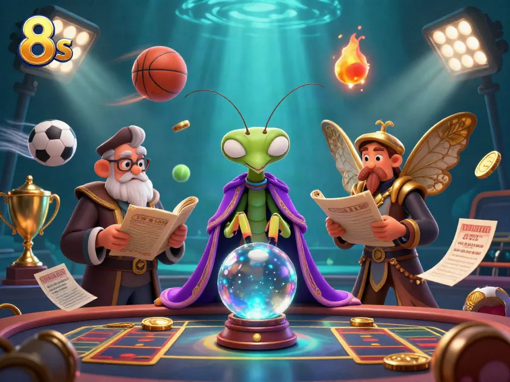 Engage with the mystical 8s scene featuring a fortune teller and sports betting elements amidst vibrant casino graphics.