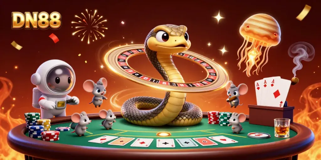 Engaging casino scene with DN88, featuring a Saturn ring snake as a roulette wheel and astronaut mice betting, creating a vibrant atmosphere.