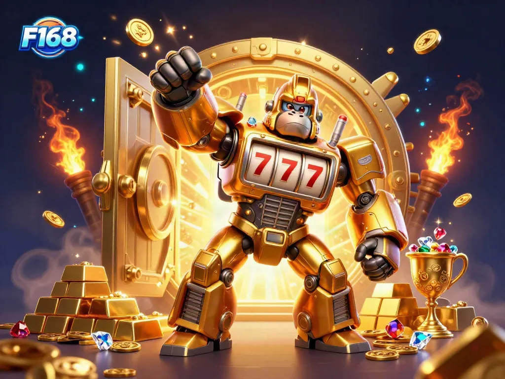 Experience thrilling gameplay at F168 with a dynamic golden gorilla mech surrounded by treasures and winning symbols.