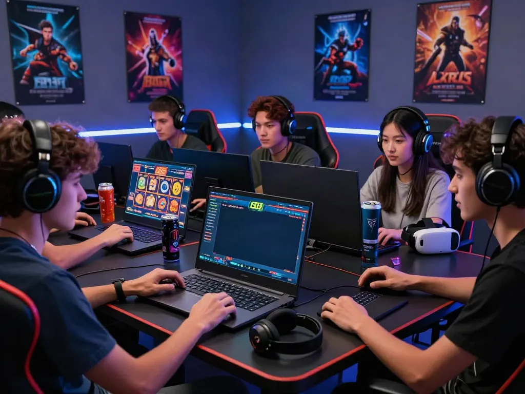 Friends playing slot88 games on a gaming laptop in a lively setting.