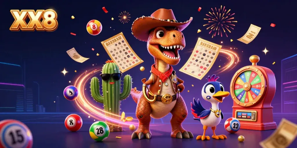 Engage with the thrilling world of XX8's vibrant casino experience featuring playful characters amidst lottery excitement.