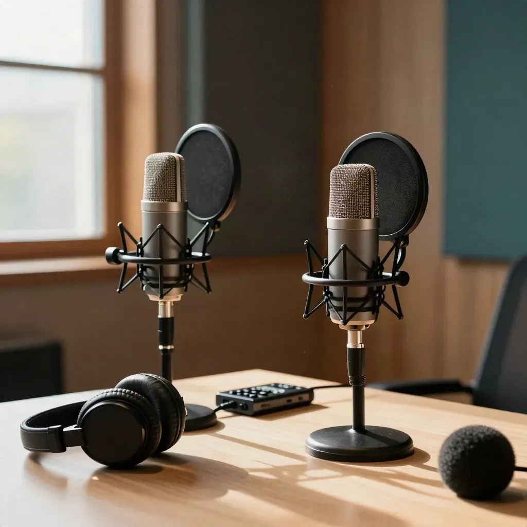 Kącik warsztatu podcastowego z dwoma mikrofonami, słuchawkami i rejestratorem przy ciepłym świetle.