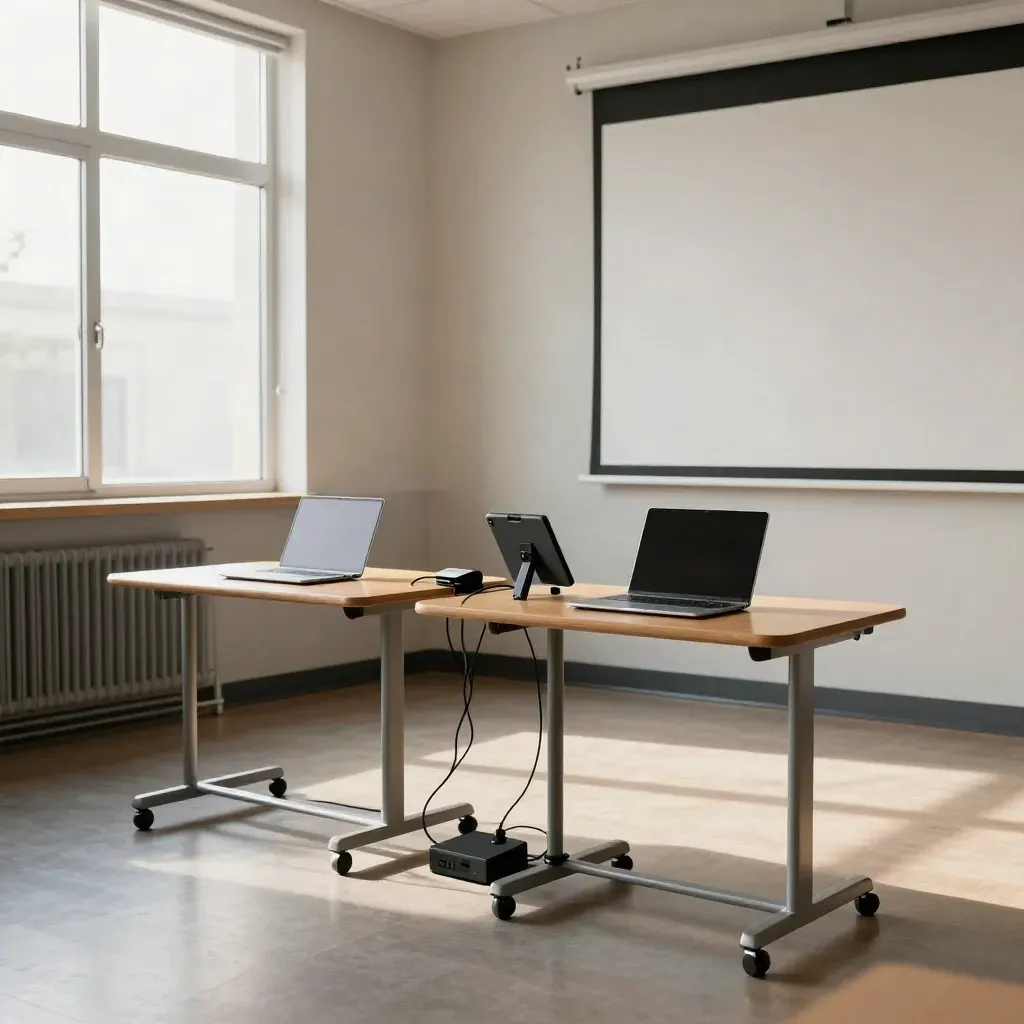 Dwie sale z gotowymi stanowiskami do lekcji wideo, laptopami i statywami przy pustych ekranach.