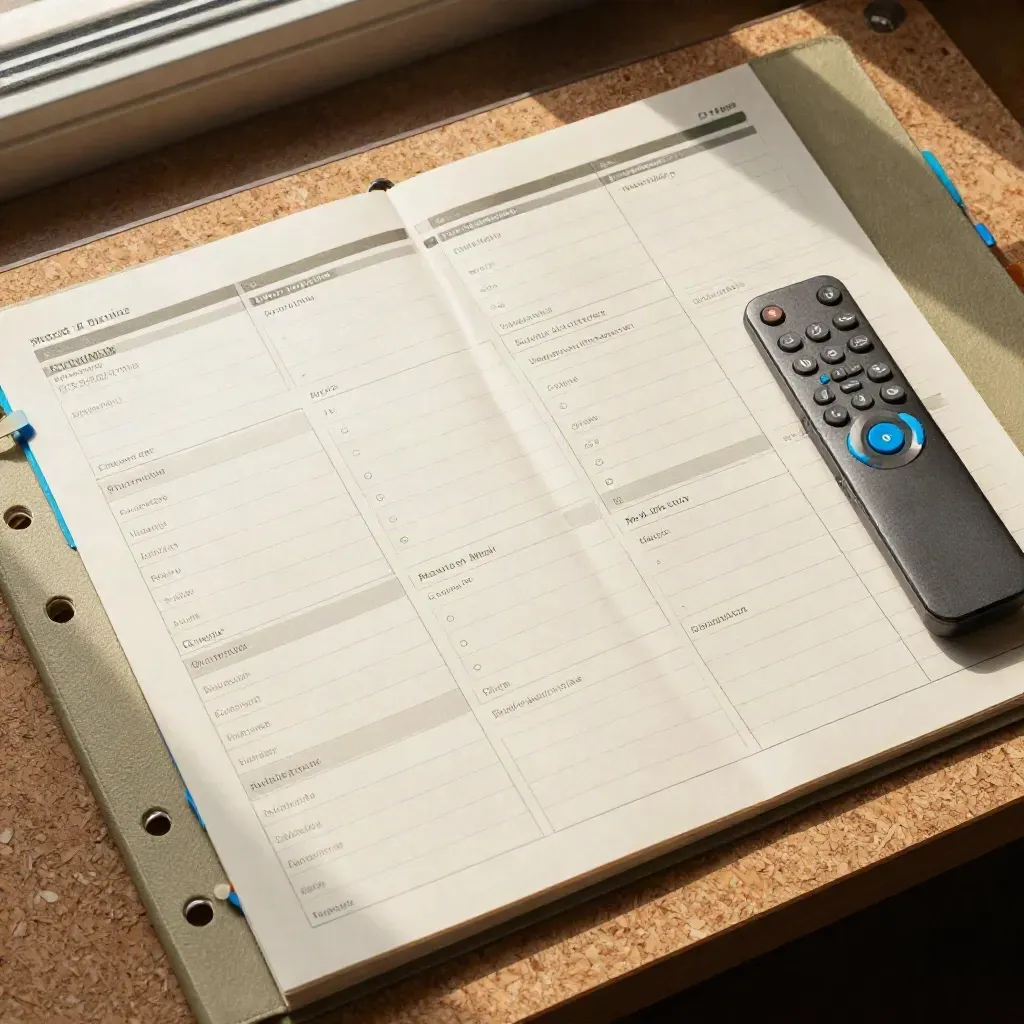 Z góry: moduły programu szkolnego, segregatory, niebieskie pierścienie i pilot na jasnym podkładzie.