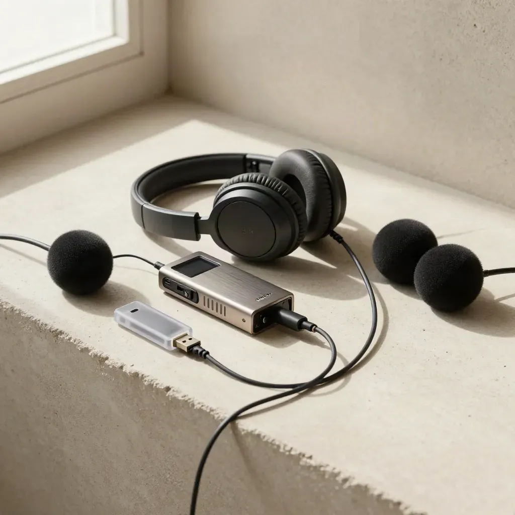 Słuchawki, rejestrator i akcesoria audio na jasnym betonie w technicznym flatlayu.